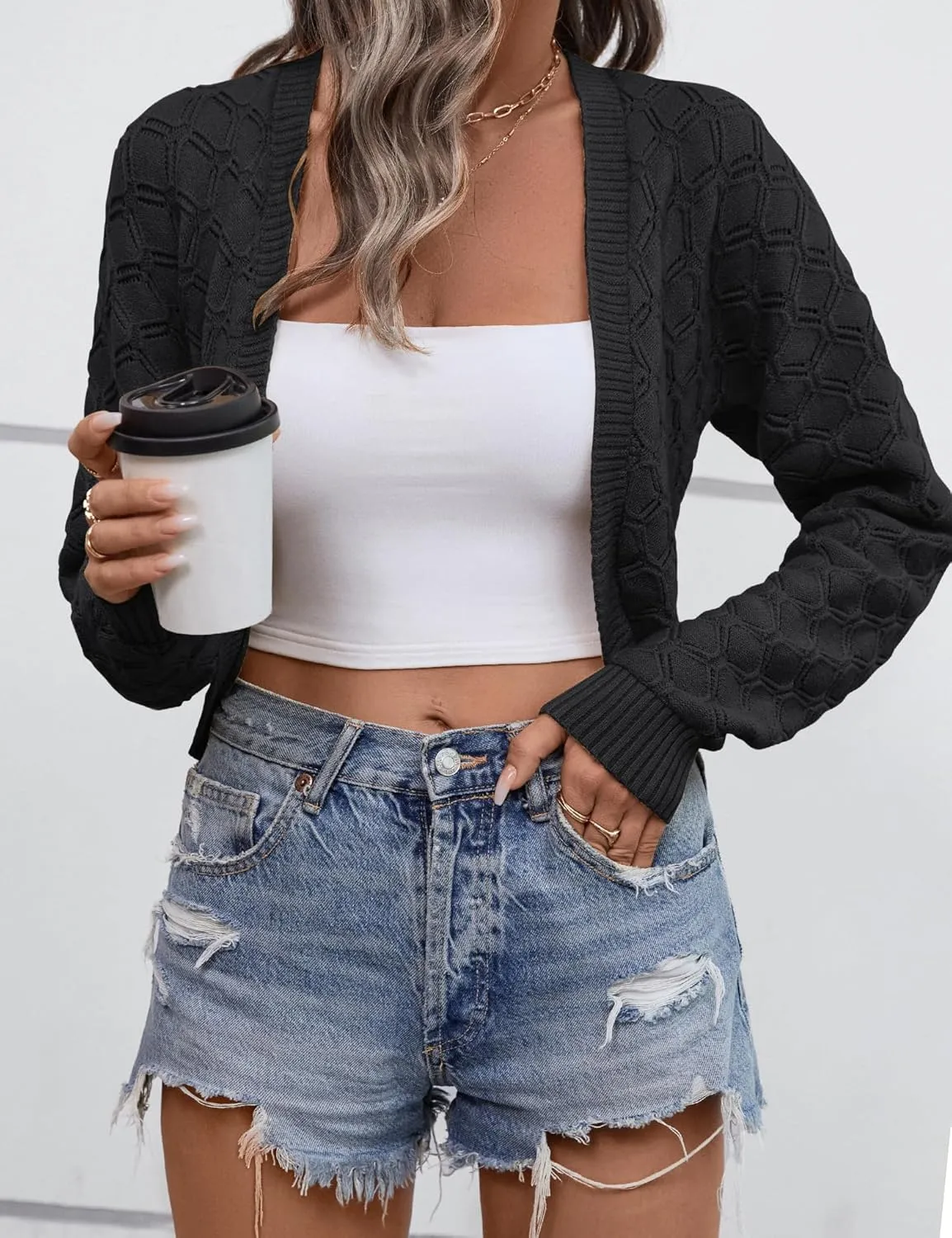 LOMON Womens Cropped Cardigan Bolero Shrugs for Dresses Knit Open Front Long Sleeve Sweater