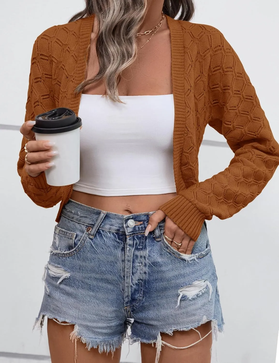 LOMON Womens Cropped Cardigan Bolero Shrugs for Dresses Knit Open Front Long Sleeve Sweater