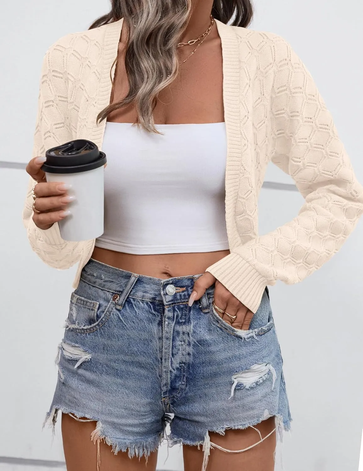LOMON Womens Cropped Cardigan Bolero Shrugs for Dresses Knit Open Front Long Sleeve Sweater