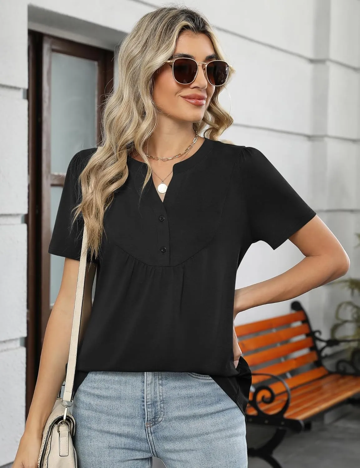 LOMON Womens Short Sleeve Tops Henley V-Neck T-Shirts Casual Pleated Blouses Dressy Loose Summer Clothes 2025 S-XXL