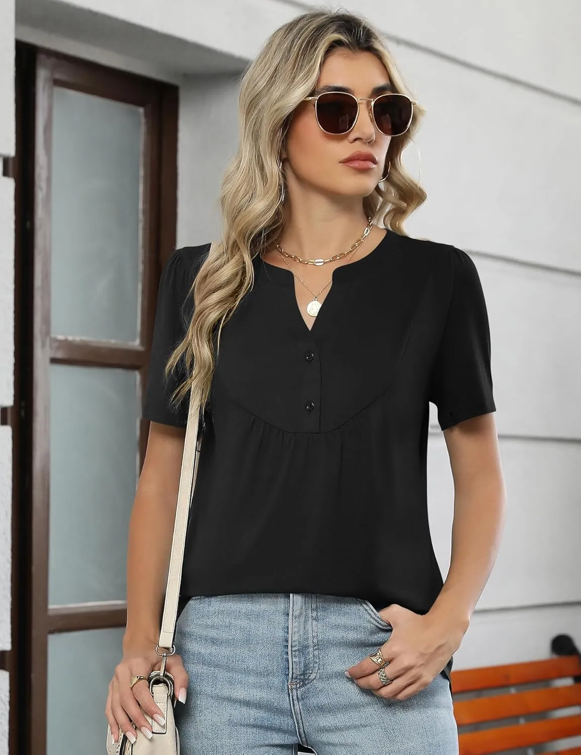 LOMON Womens Short Sleeve Tops Henley V-Neck T-Shirts Casual Pleated Blouses Dressy Loose Summer Clothes 2025 S-XXL