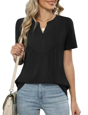 LOMON Womens Short Sleeve Tops Henley V-Neck T-Shirts Casual Pleated Blouses Dressy Loose Summer Clothes 2025 S-XXL