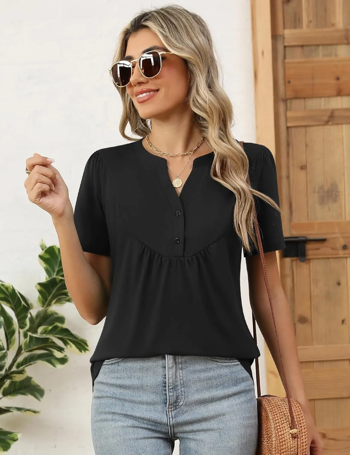 LOMON Womens Short Sleeve Tops Henley V-Neck T-Shirts Casual Pleated Blouses Dressy Loose Summer Clothes 2025 S-XXL
