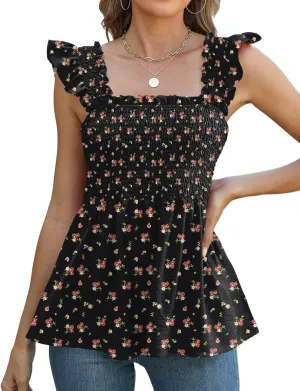 LOMON Womens Tank Tops Fashion Summer Ruffle Flying Sleeve Smocked Blouses Square Neck Sleeveless Shirts Babydoll Shirt