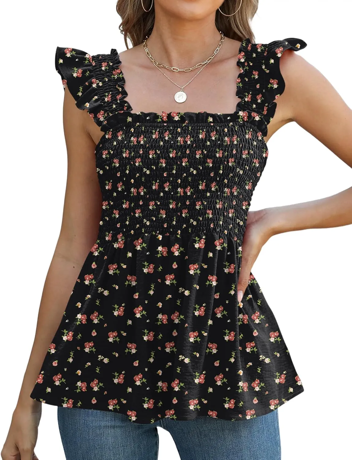 LOMON Womens Tank Tops Fashion Summer Ruffle Flying Sleeve Smocked Blouses Square Neck Sleeveless Shirts Babydoll Shirt