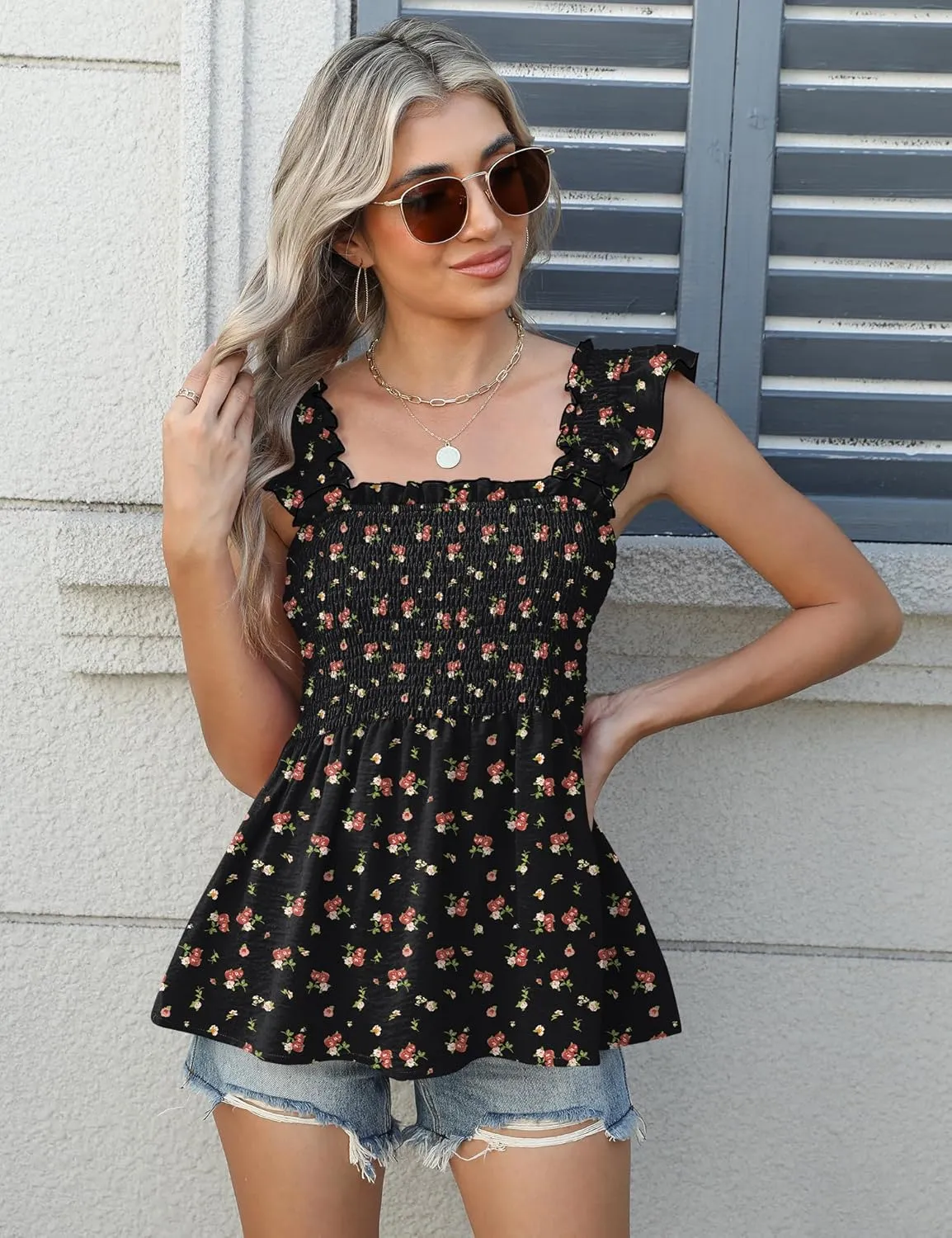 LOMON Womens Tank Tops Fashion Summer Ruffle Flying Sleeve Smocked Blouses Square Neck Sleeveless Shirts Babydoll Shirt
