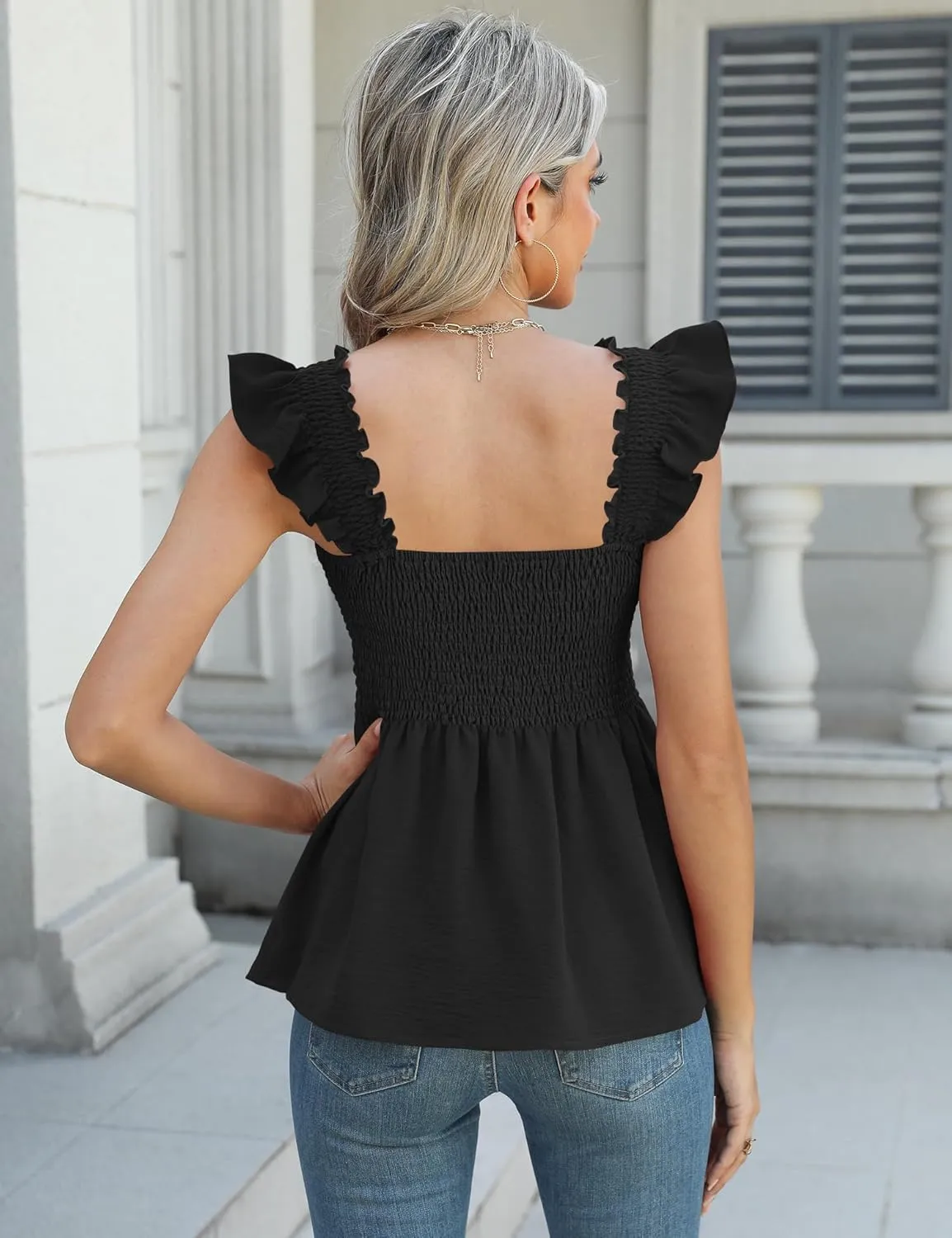 LOMON Womens Tank Tops Fashion Summer Ruffle Flying Sleeve Smocked Blouses Square Neck Sleeveless Shirts Babydoll Shirt