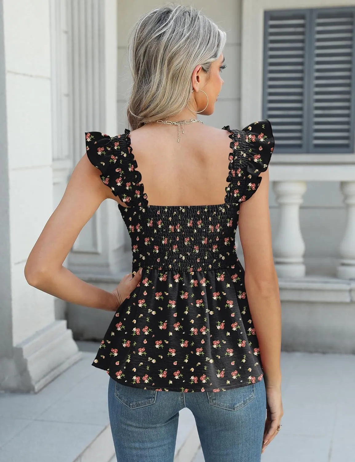 LOMON Womens Tank Tops Fashion Summer Ruffle Flying Sleeve Smocked Blouses Square Neck Sleeveless Shirts Babydoll Shirt
