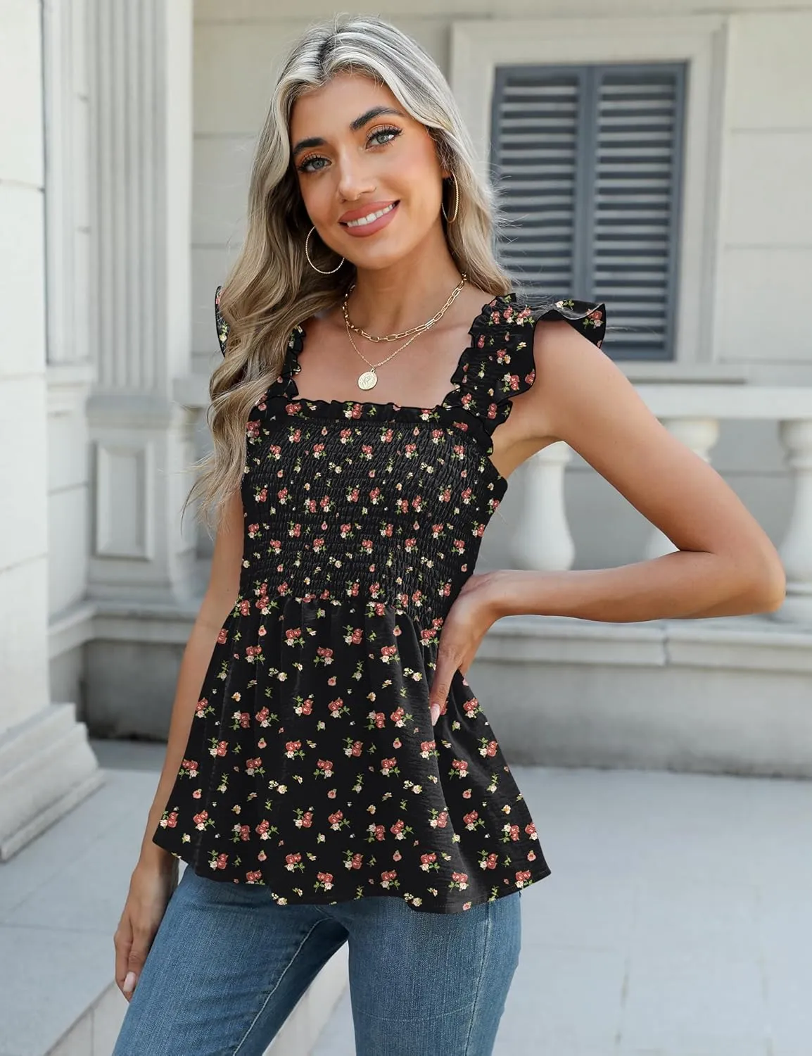 LOMON Womens Tank Tops Fashion Summer Ruffle Flying Sleeve Smocked Blouses Square Neck Sleeveless Shirts Babydoll Shirt