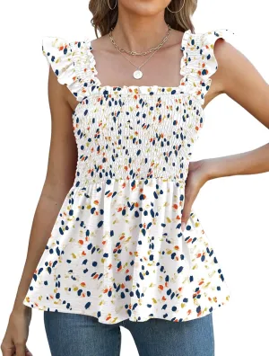 LOMON Womens Tank Tops Fashion Summer Ruffle Flying Sleeve Smocked Blouses Square Neck Sleeveless Shirts Babydoll Shirt