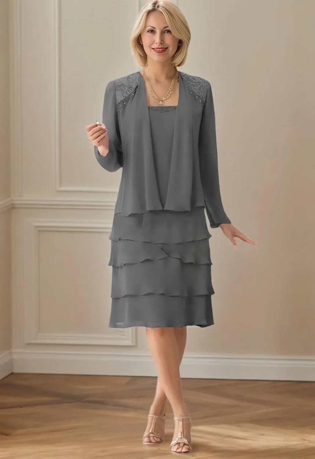 Long Sleeve Mother of The Bride Dresses for Wedding Tea Length Mother of The Groom Dress Chiffon Formal Gown