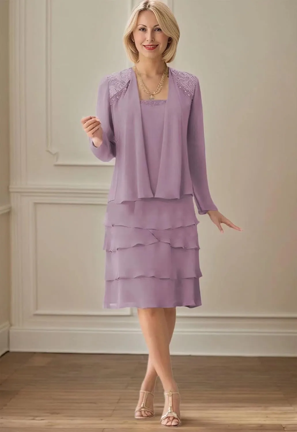 Long Sleeve Mother of The Bride Dresses for Wedding Tea Length Mother of The Groom Dress Chiffon Formal Gown