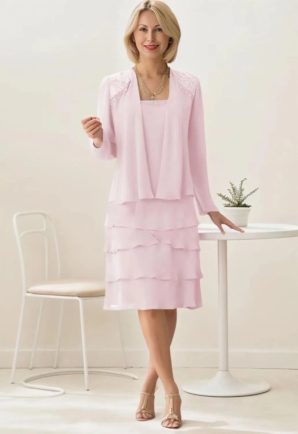 Long Sleeve Mother of The Bride Dresses for Wedding Tea Length Mother of The Groom Dress Chiffon Formal Gown