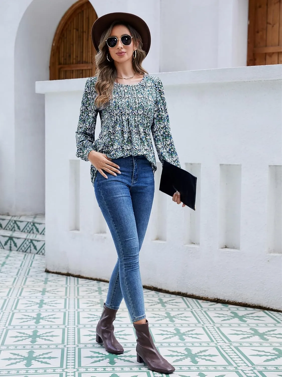 Long Sleeve Shirts For Women Fall Fashion 2025 Womens Tunic Tops Pleated Crew Neck Puff Sleeve Blouses Dressy Casual