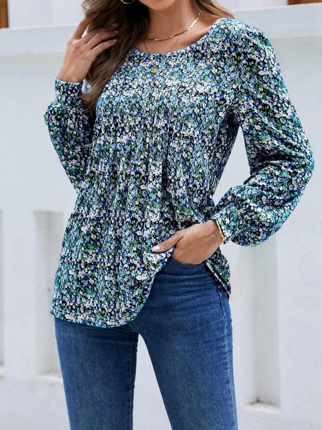 Long Sleeve Shirts For Women Fall Fashion 2025 Womens Tunic Tops Pleated Crew Neck Puff Sleeve Blouses Dressy Casual