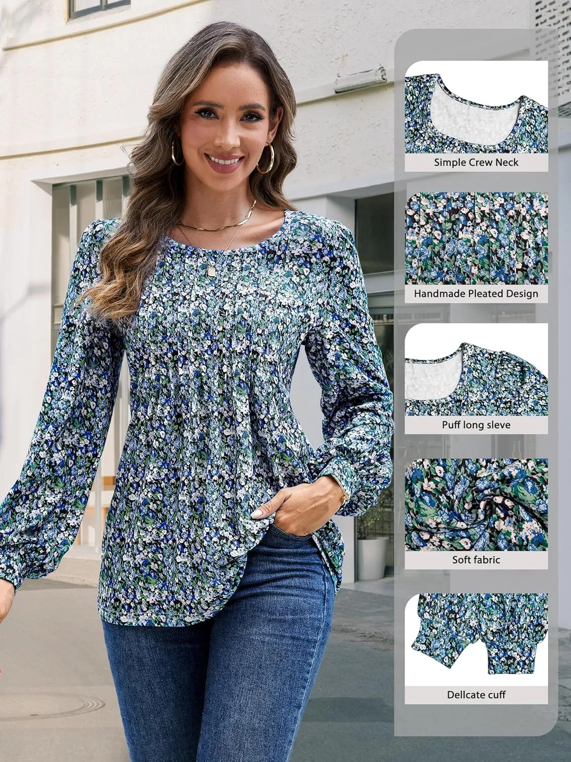 Long Sleeve Shirts For Women Fall Fashion 2025 Womens Tunic Tops Pleated Crew Neck Puff Sleeve Blouses Dressy Casual