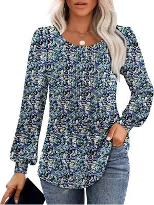 Long Sleeve Shirts For Women Fall Fashion 2025 Womens Tunic Tops Pleated Crew Neck Puff Sleeve Blouses Dressy Casual