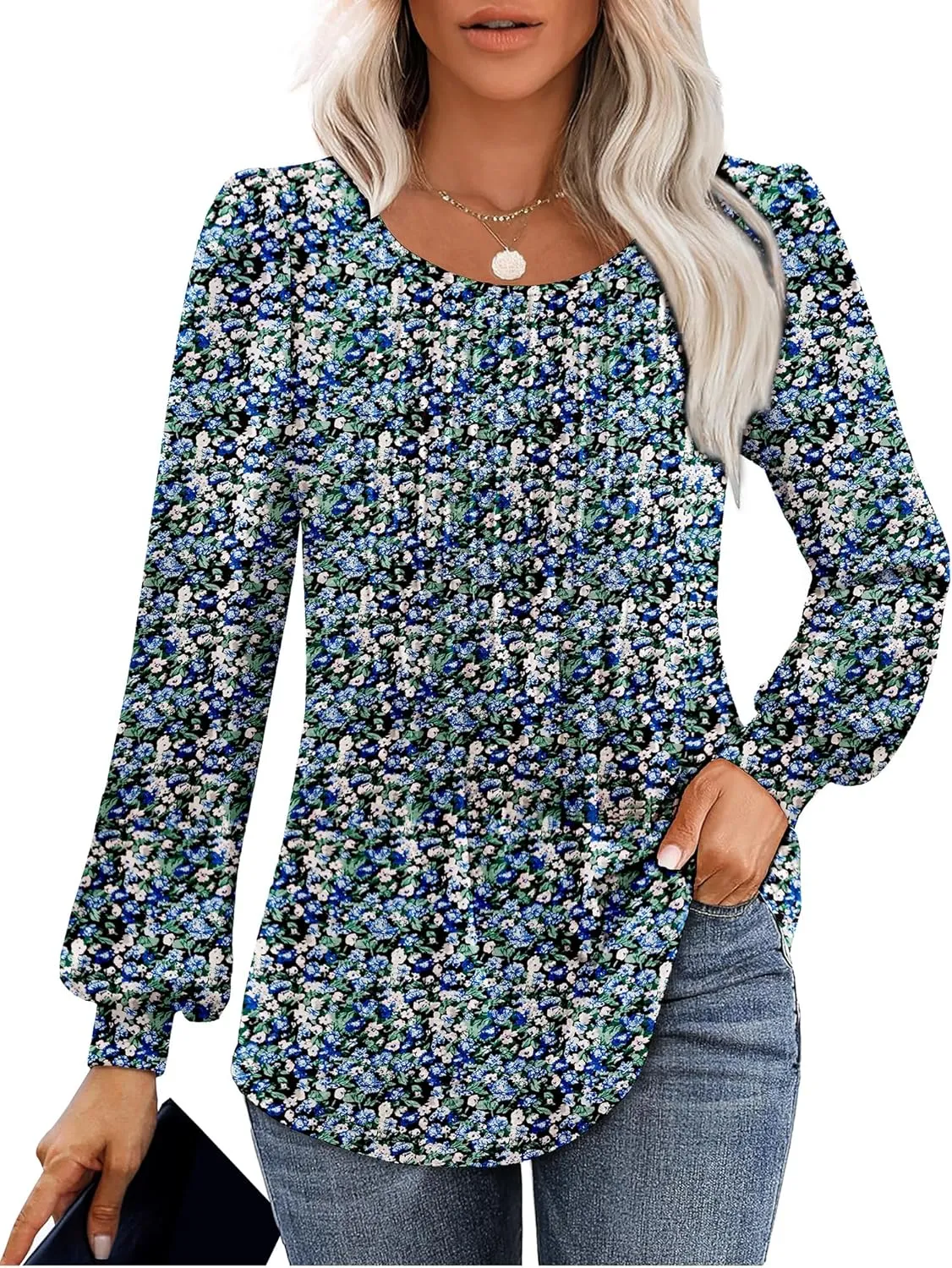 Long Sleeve Shirts For Women Fall Fashion 2025 Womens Tunic Tops Pleated Crew Neck Puff Sleeve Blouses Dressy Casual