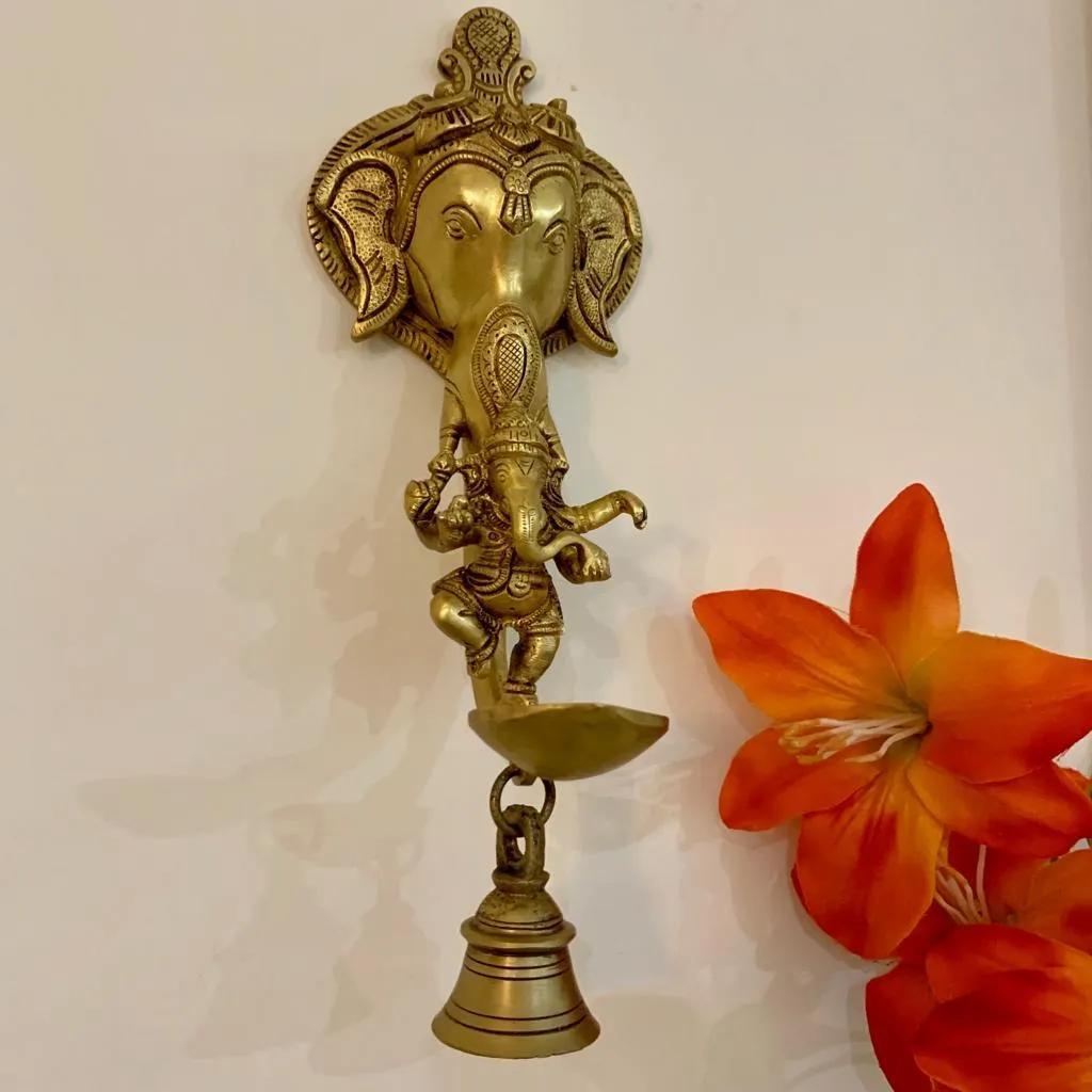 Lord Ganesh Brass Hanging Diya and bell (Set of 2) - Traditional Home Decor