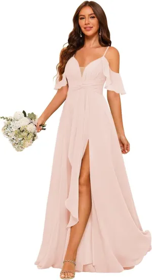 Loyeloy Women's Bridesmaid Dresses with Slit 2025 Ruched Waist Chiffon Aline Ruffles Formal Party Dress with Pockets