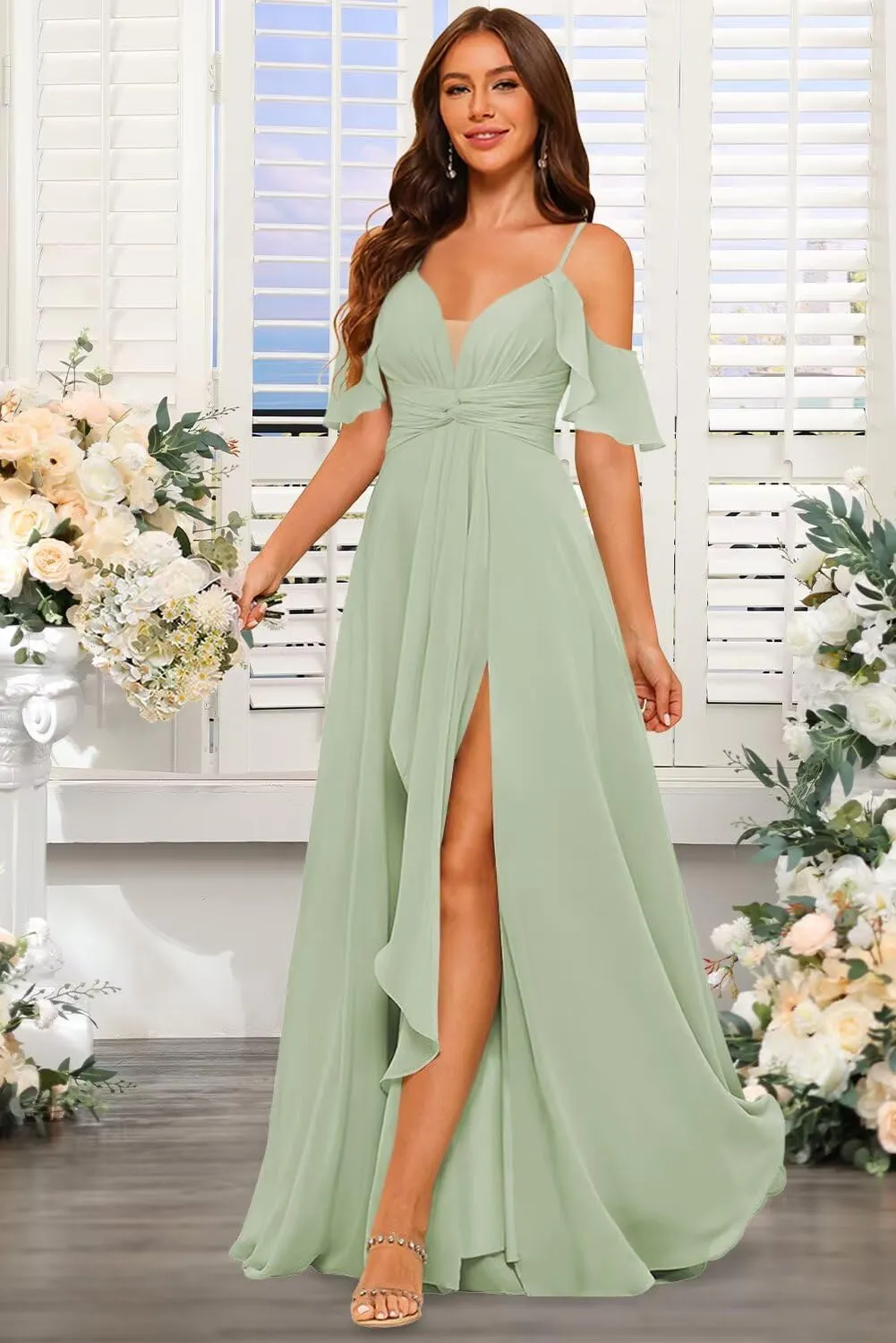 Loyeloy Women's Bridesmaid Dresses with Slit 2025 Ruched Waist Chiffon Aline Ruffles Formal Party Dress with Pockets