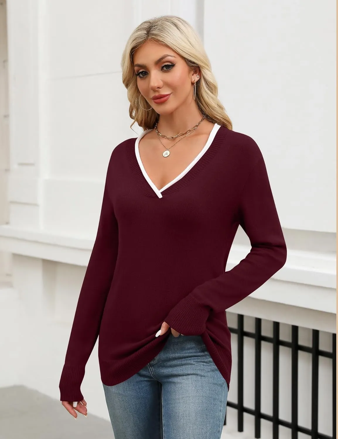 LUYAA Women's Casual Long Sleeve Sweaters V-Neck Patchwork Knit Tops Fashion Outfits Trendy