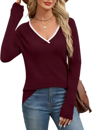 LUYAA Women's Casual Long Sleeve Sweaters V-Neck Patchwork Knit Tops Fashion Outfits Trendy
