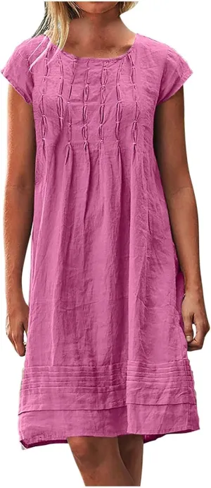 maisdgop Linen Dresses for Women 2025 Plus Size Cap Sleeve Pleated Summer Midi Dress Vacation Casual Knee Length Sundresses