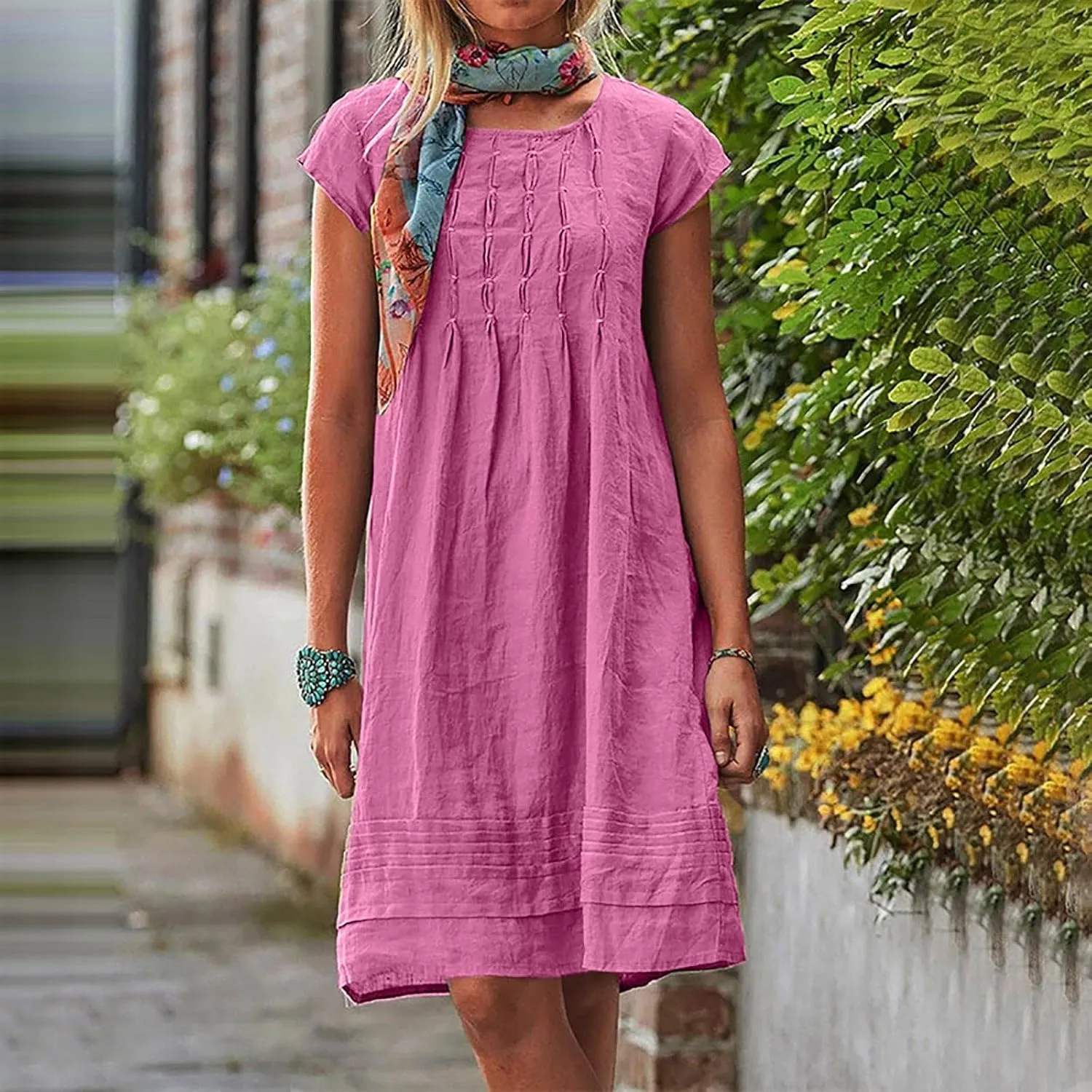 maisdgop Linen Dresses for Women 2025 Plus Size Cap Sleeve Pleated Summer Midi Dress Vacation Casual Knee Length Sundresses