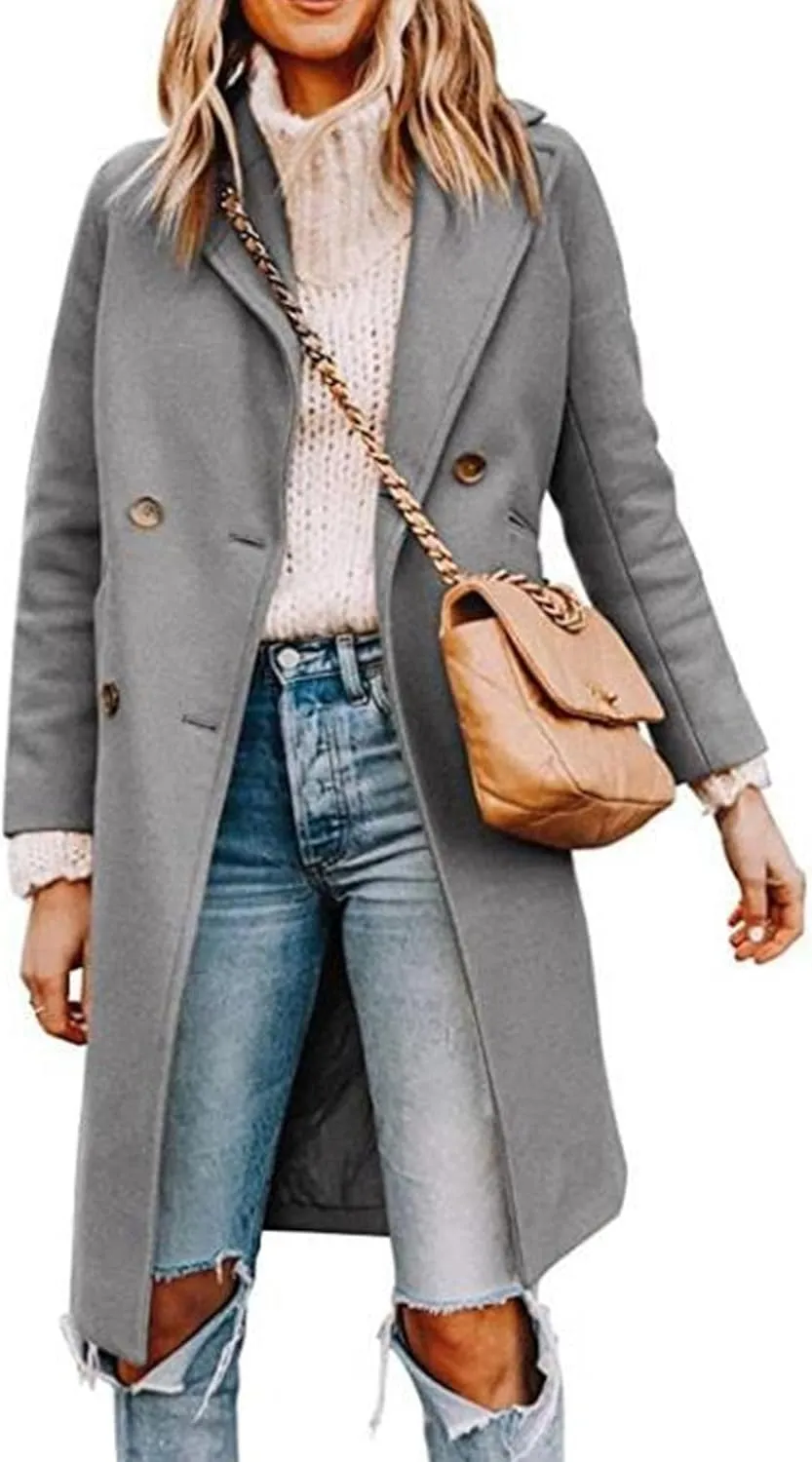 Maiyifu-GJ Womens Notched Lapel Mid Long Trench Coat Double Breasted Wool Blend Coat Winter Casual Long Jackets