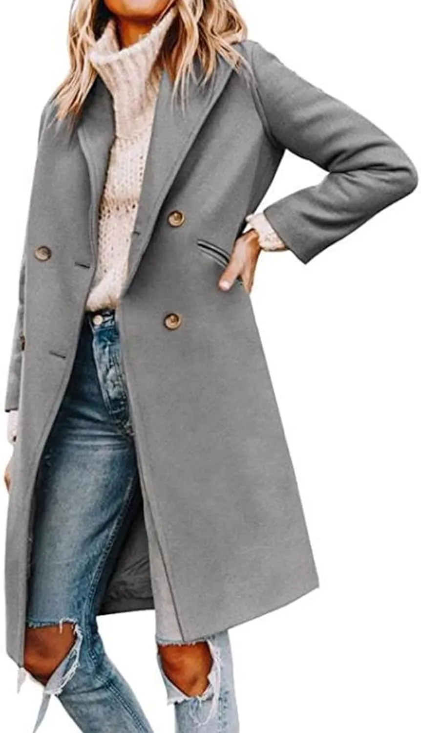 Maiyifu-GJ Womens Notched Lapel Mid Long Trench Coat Double Breasted Wool Blend Coat Winter Casual Long Jackets