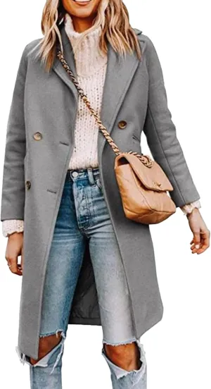 Maiyifu-GJ Womens Notched Lapel Mid Long Trench Coat Double Breasted Wool Blend Coat Winter Casual Long Jackets