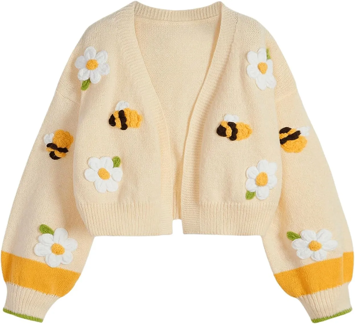 MakeMeChic Women's 3D Floral Lantern Sleeve Sweater Cardigan Open Front Drop Shoulder Cute Outerwear
