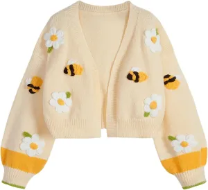 MakeMeChic Women's 3D Floral Lantern Sleeve Sweater Cardigan Open Front Drop Shoulder Cute Outerwear