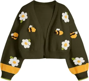 MakeMeChic Women's 3D Floral Lantern Sleeve Sweater Cardigan Open Front Drop Shoulder Cute Outerwear