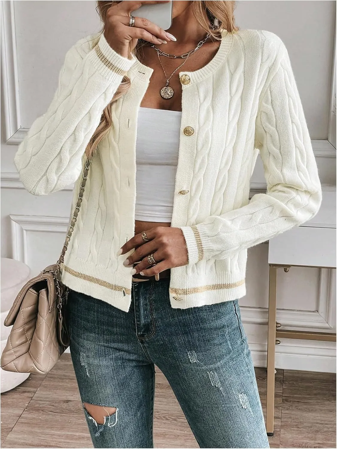 MakeMeChic Women's Cardigan Sweaters Cable Knit Sweater Button Down Shirt