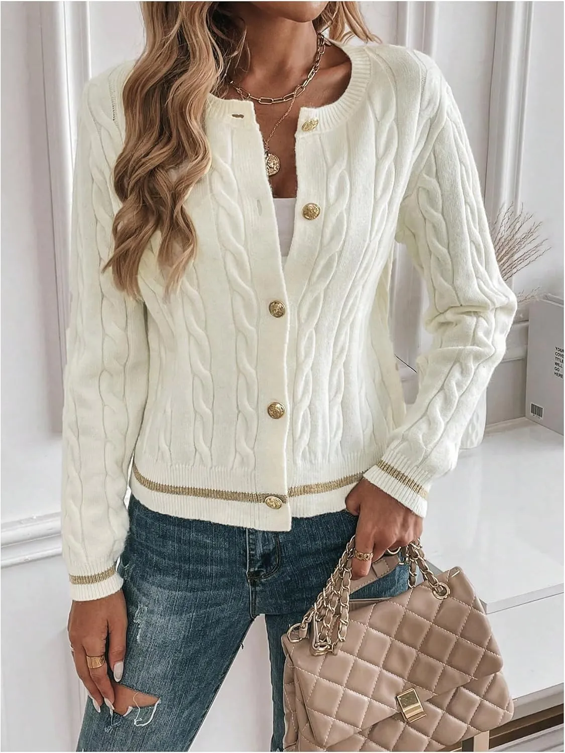 MakeMeChic Women's Cardigan Sweaters Cable Knit Sweater Button Down Shirt