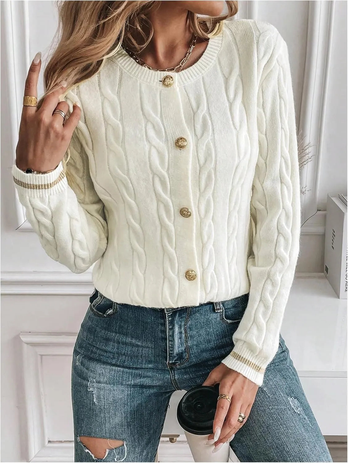 MakeMeChic Women's Cardigan Sweaters Cable Knit Sweater Button Down Shirt