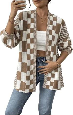 MakeMeChic Women's Checkered Cardigan Sweater Long Sleeve Open Front Oversized Cardigans