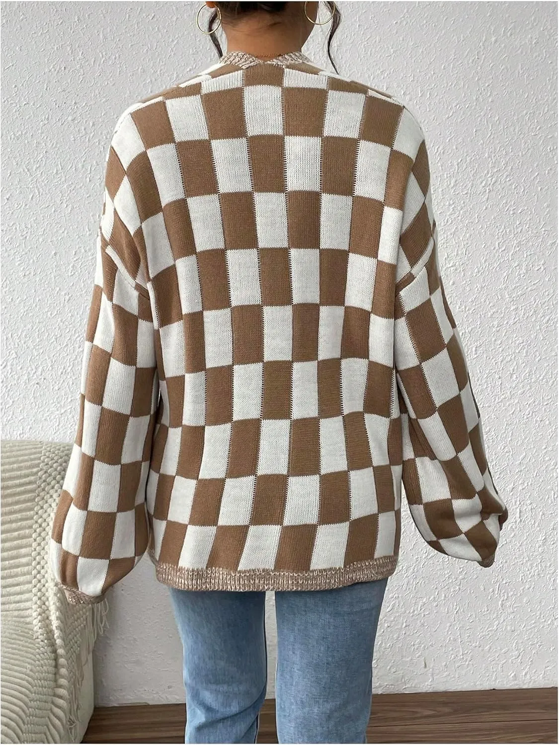 MakeMeChic Women's Checkered Cardigan Sweater Long Sleeve Open Front Oversized Cardigans