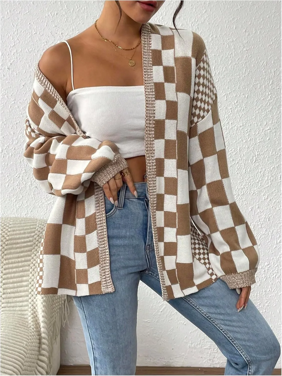 MakeMeChic Women's Checkered Cardigan Sweater Long Sleeve Open Front Oversized Cardigans