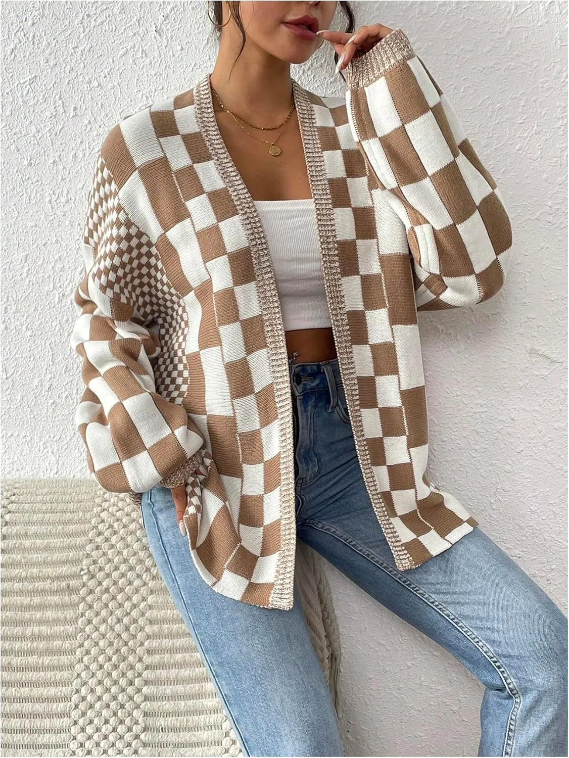 MakeMeChic Women's Checkered Cardigan Sweater Long Sleeve Open Front Oversized Cardigans