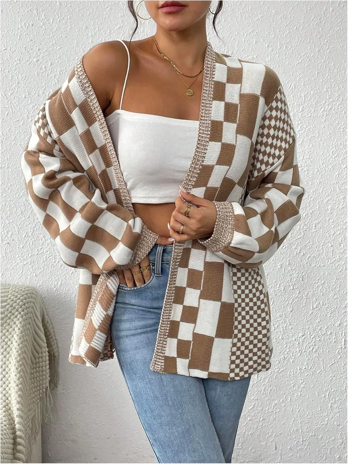 MakeMeChic Women's Checkered Cardigan Sweater Long Sleeve Open Front Oversized Cardigans