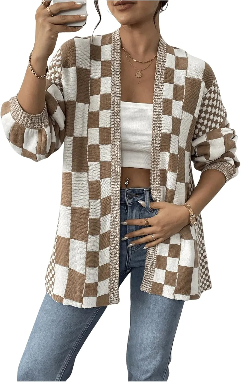 MakeMeChic Women's Checkered Cardigan Sweater Long Sleeve Open Front Oversized Cardigans