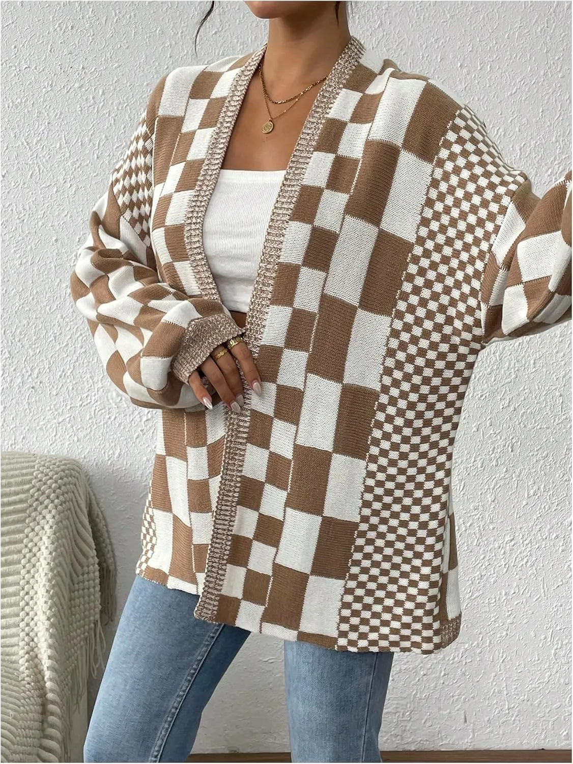 MakeMeChic Women's Checkered Cardigan Sweater Long Sleeve Open Front Oversized Cardigans