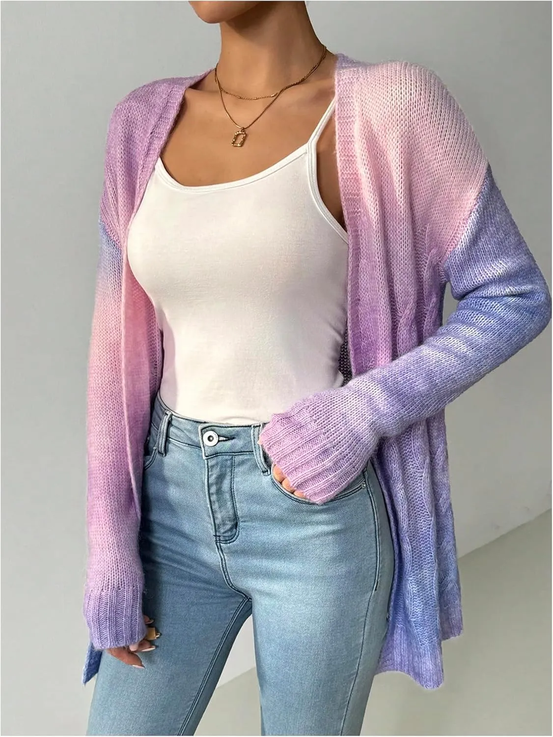 MakeMeChic Women's Open Front Knit Lightweight Cardigan Sweaters Fall Ombre Long Sleeve Cable Knit Outerwear