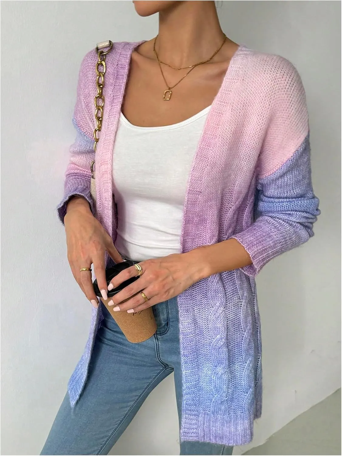 MakeMeChic Women's Open Front Knit Lightweight Cardigan Sweaters Fall Ombre Long Sleeve Cable Knit Outerwear