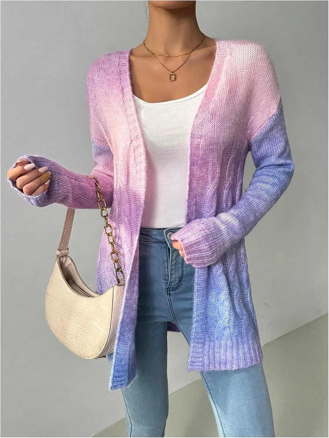 MakeMeChic Women's Open Front Knit Lightweight Cardigan Sweaters Fall Ombre Long Sleeve Cable Knit Outerwear