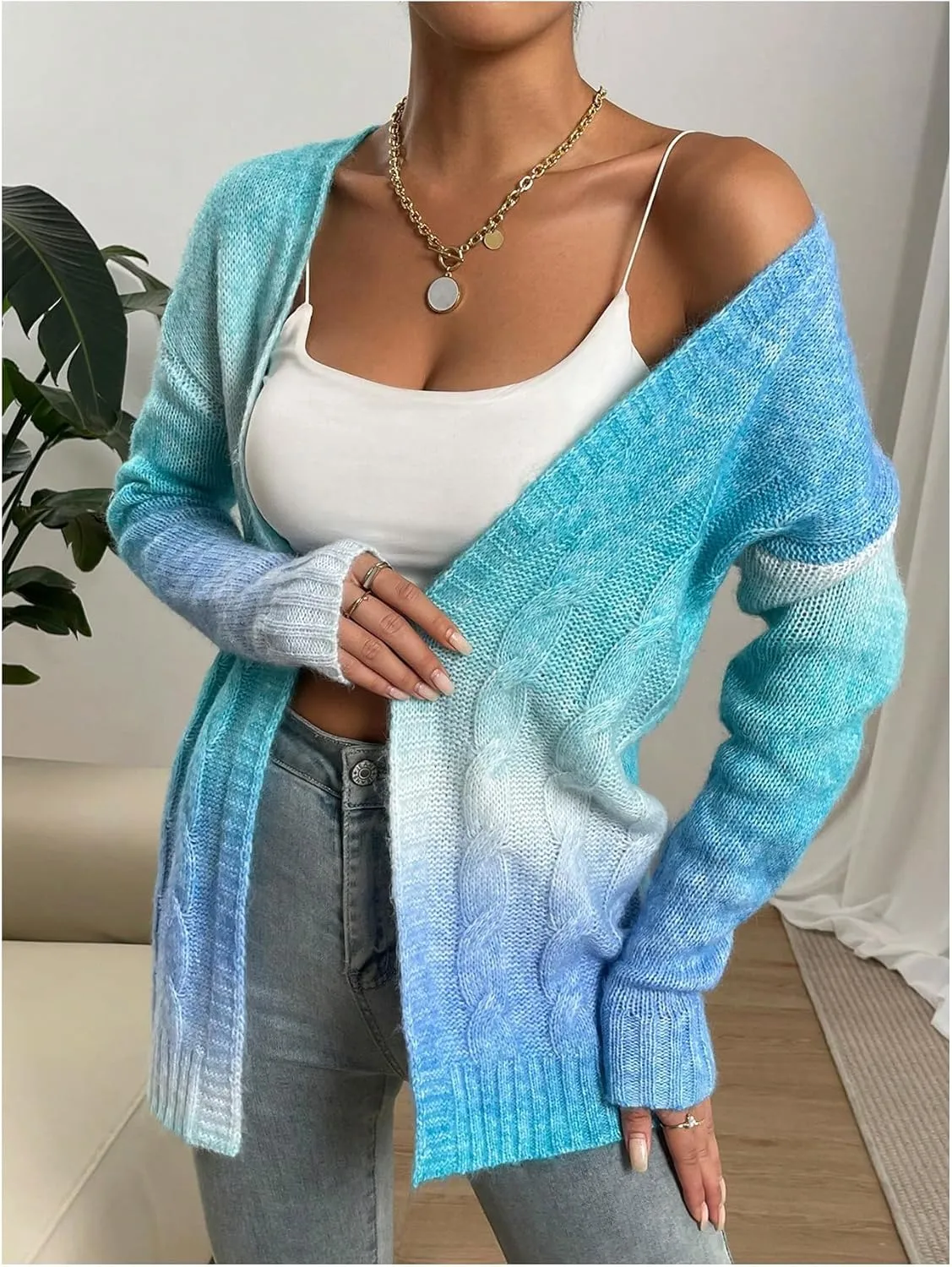 MakeMeChic Women's Open Front Knit Lightweight Cardigan Sweaters Fall Ombre Long Sleeve Cable Knit Outerwear