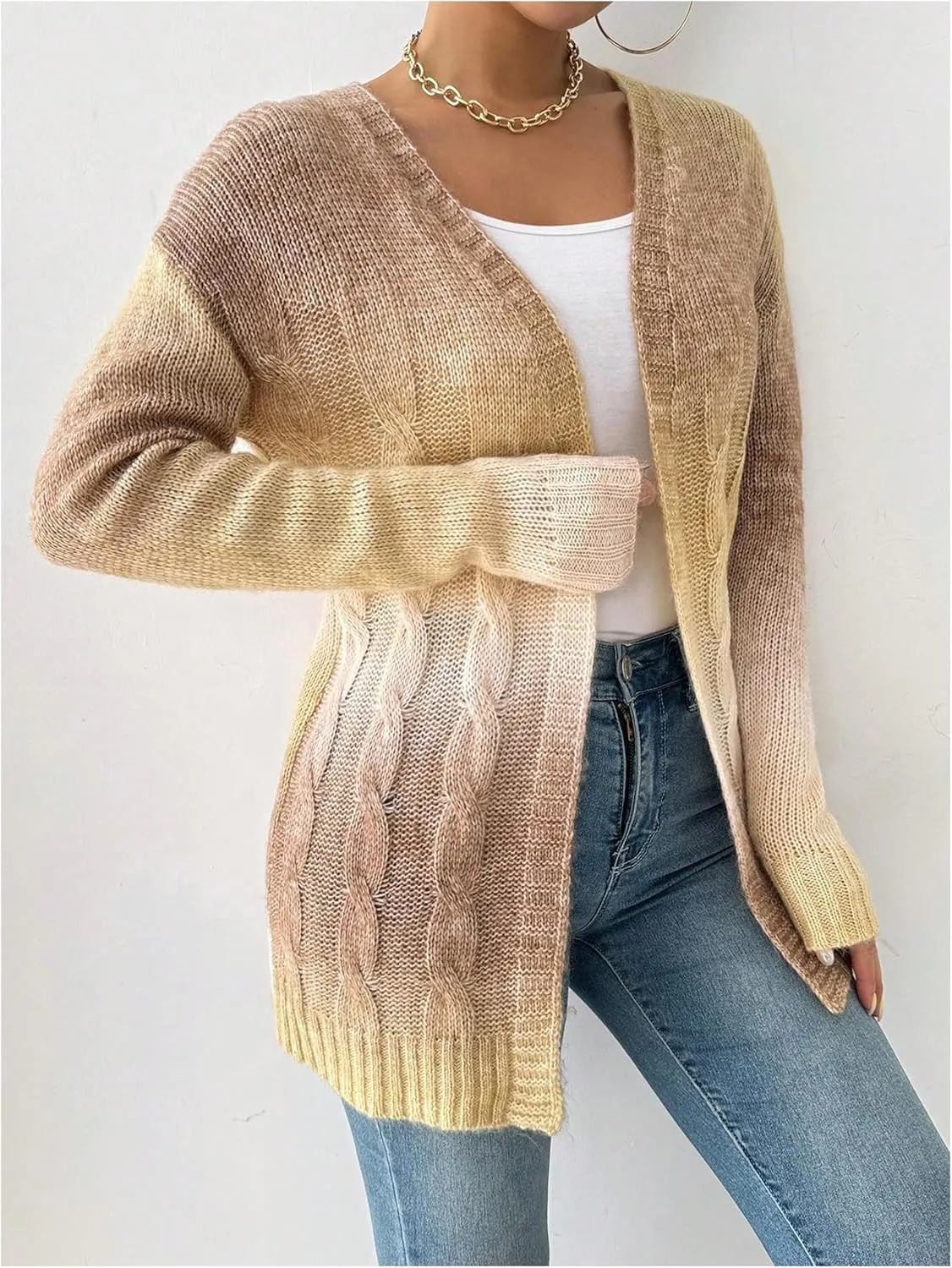 MakeMeChic Women's Open Front Knit Lightweight Cardigan Sweaters Fall Ombre Long Sleeve Cable Knit Outerwear